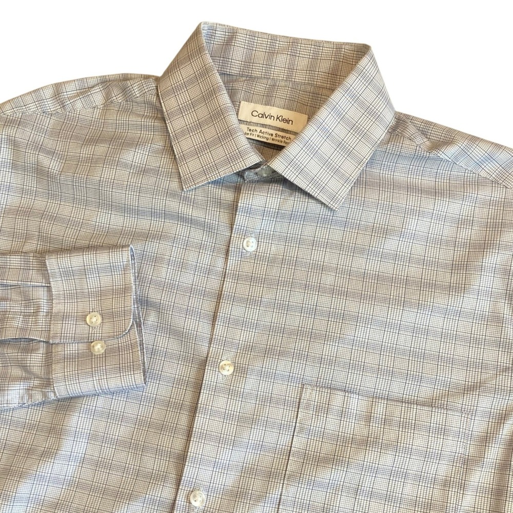 Calvin Klein Mens M 15-15.5 Tech Active Stretch Dress Shirt‎ Blue Micro Check